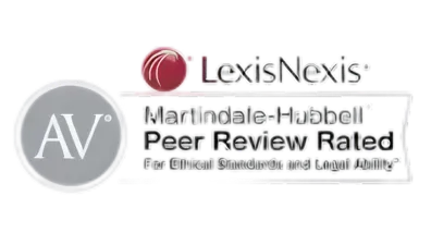 LexisNexis Martindale-Hubbell Peer Review Rated AV Preeminent emblem with gray and red colors.