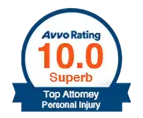 Avvo rating badge displaying a 10.0 superb score for top personal injury attorney.