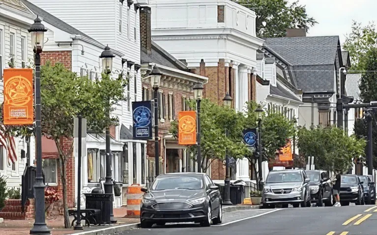 Street view of a small town with parked cars, trees, and colorful banners on lampposts.