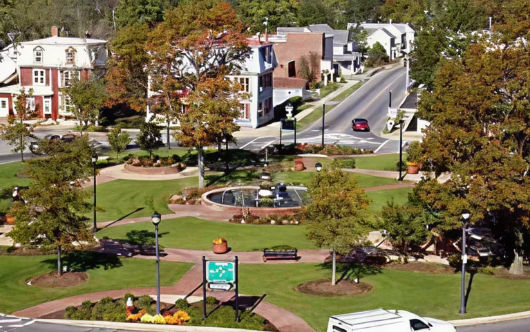 Aerial view of a small town park with green lawns, trees, a central fountain, benches, and surrounding residential buildings.