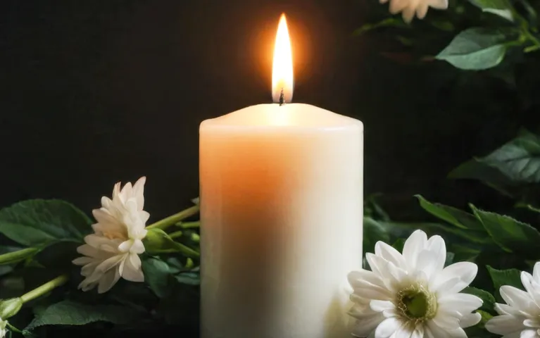 Lit white pillar candle surrounded by white daisies and green leaves on a dark background.